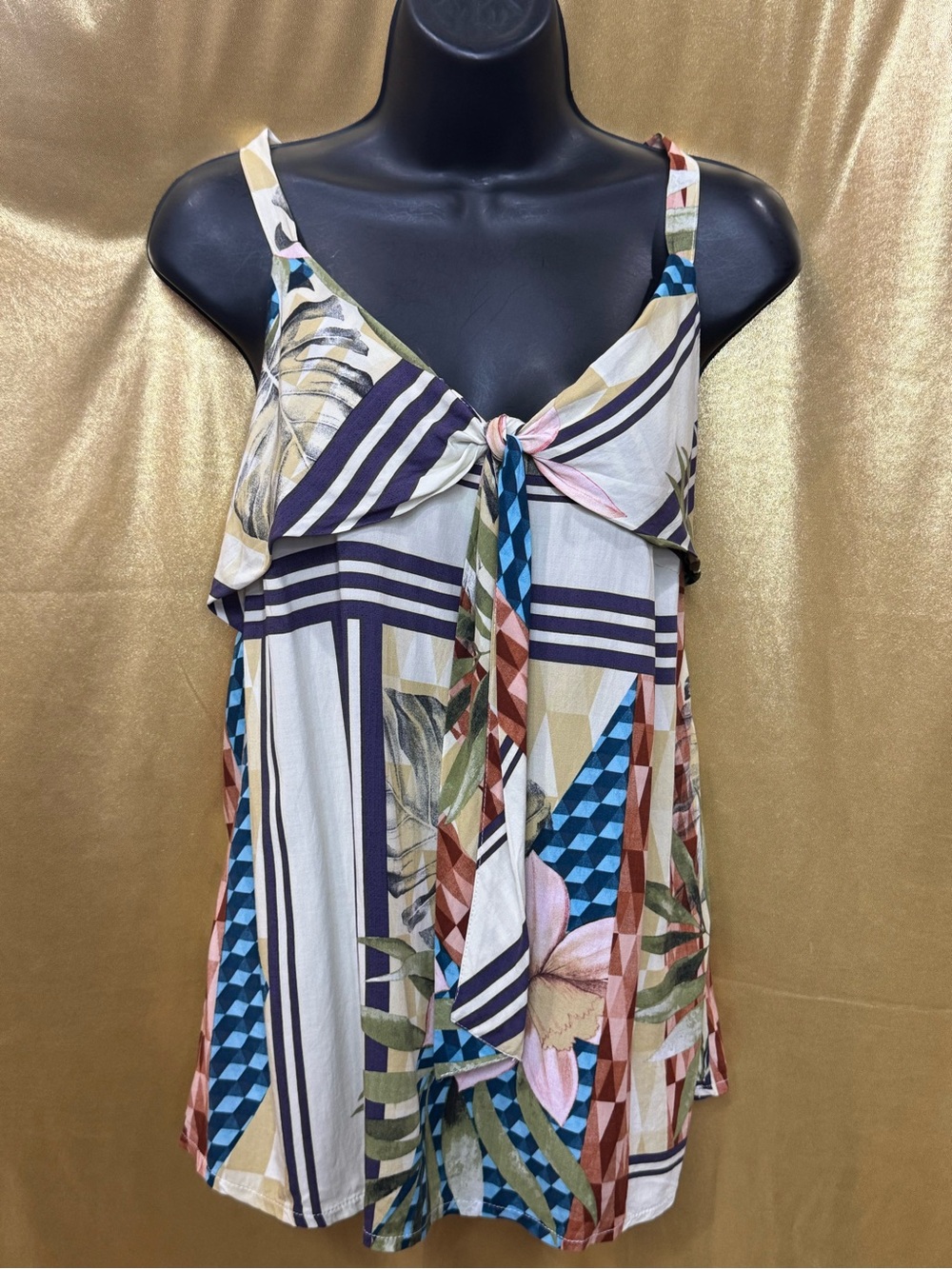 ELAVESTE Brazil Tropical Patchwork Tie-Front Cami Tank Top | Size Large (46)